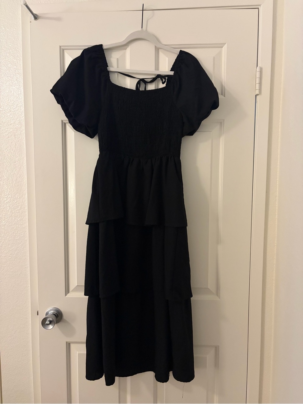 Black Tiered Midi Dress with Puff Sleeves
